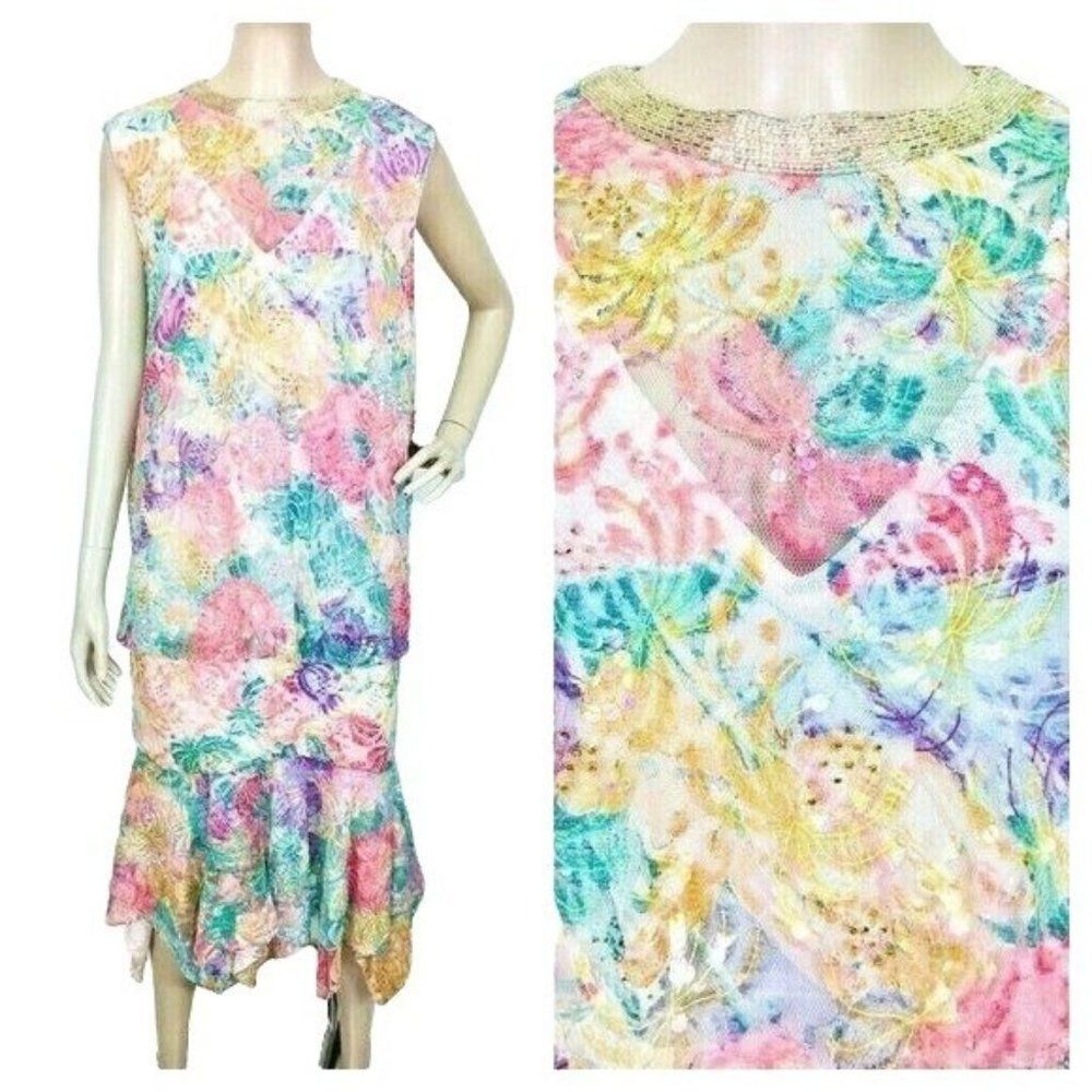 Vintage Judith Ann Creations Fully Beaded Lace Drop Waist Flapper Dress